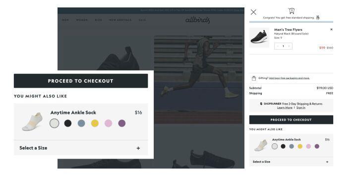 allbirds.com recommend products in cart as "You Might Also Like".
