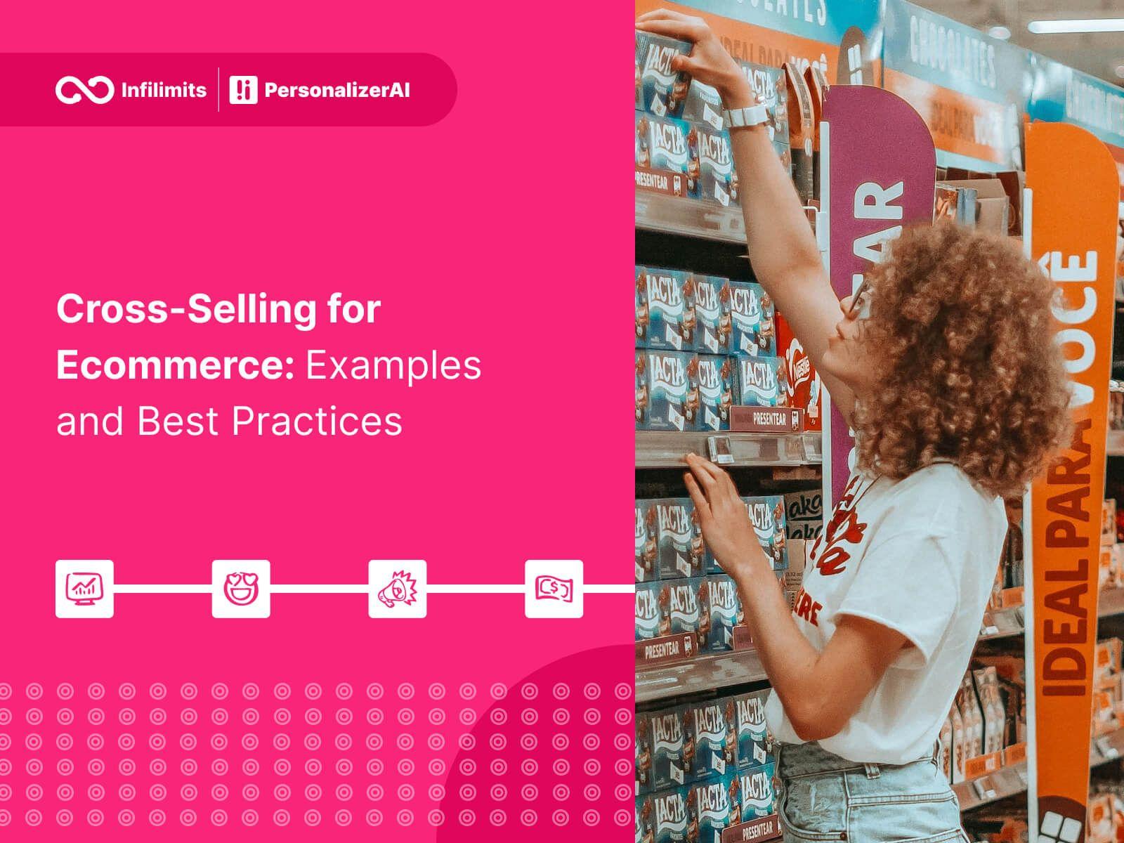 Pink background with photo of a women picking items from shelves in a supermarket