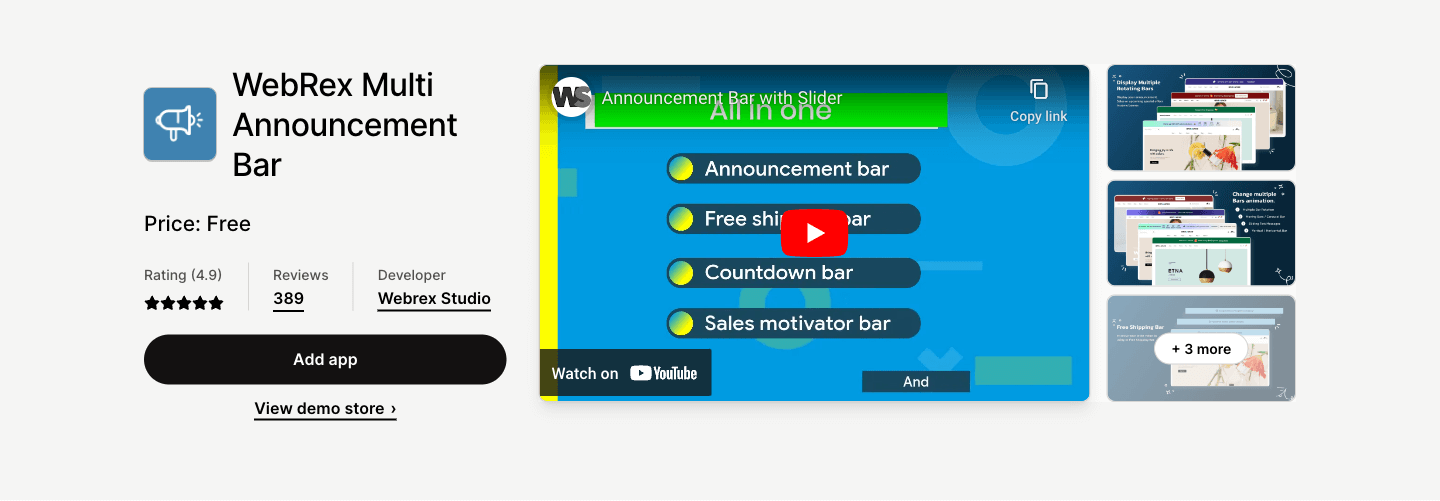 Boost sales with customizable bars for announcements, free shipping, and countdown timers.
