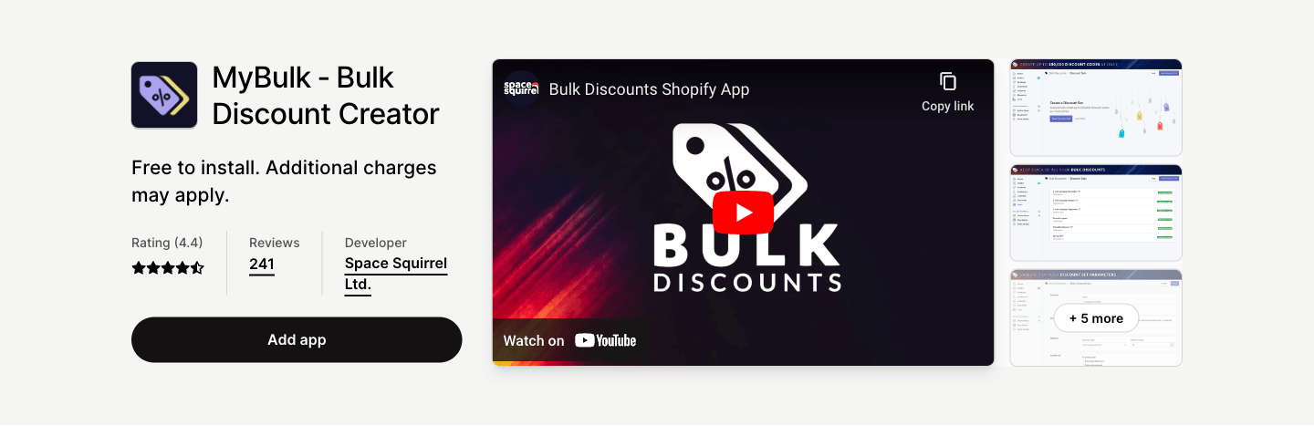 MyBulk - Bulk Discount Creator lets you create up to 250,000 discount codes at a time.