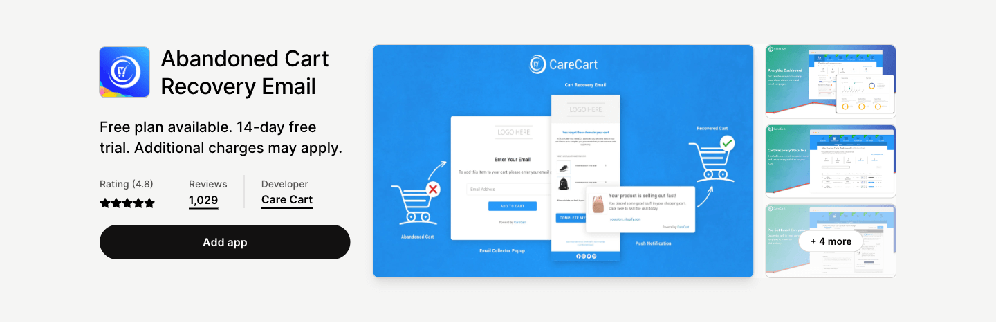 Care Cart is an abandoned cart recovery system that recovers your lost revenue through emails.