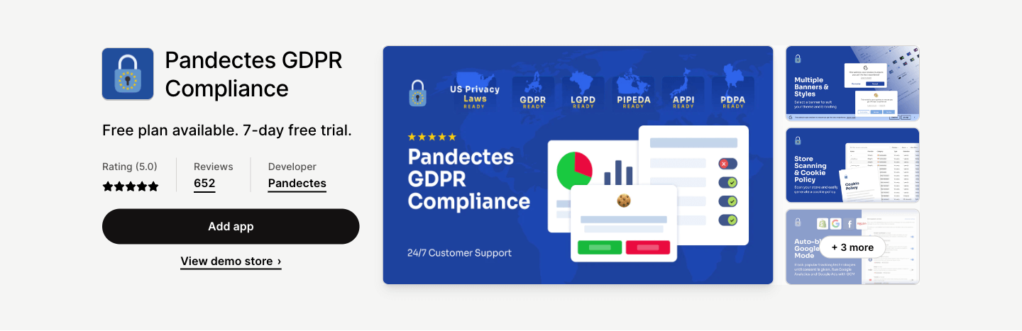 Make your store compliant with GDPR etc. Auto-generated cookie policy and data requests management.