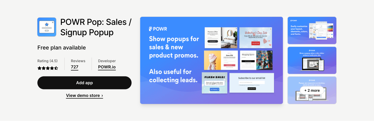 Collect more emails, reduce cart abandonment rates, and close more sales with the POWR Sales Popup.