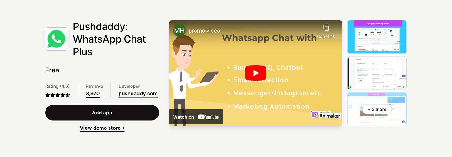 WhatsApp Chat, Facebook messenger, FAQ to offer support, recover sales by automated abandoned cart