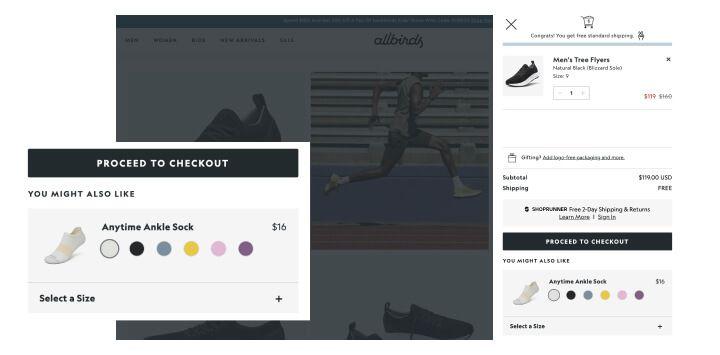 allbirds.com uses product recommendations in cart as "You might also like"