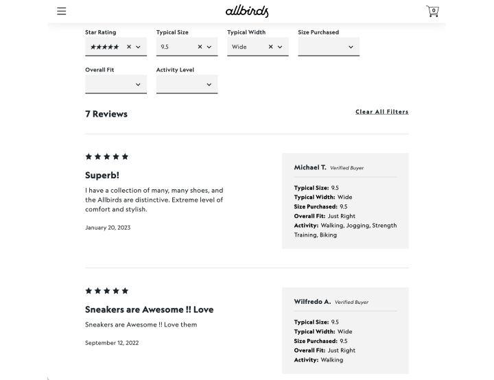 allbirds.com showing customer reviews 