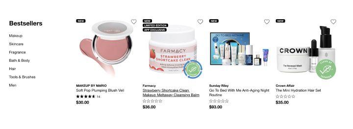 Bestseller product recommendations on Sephora's website