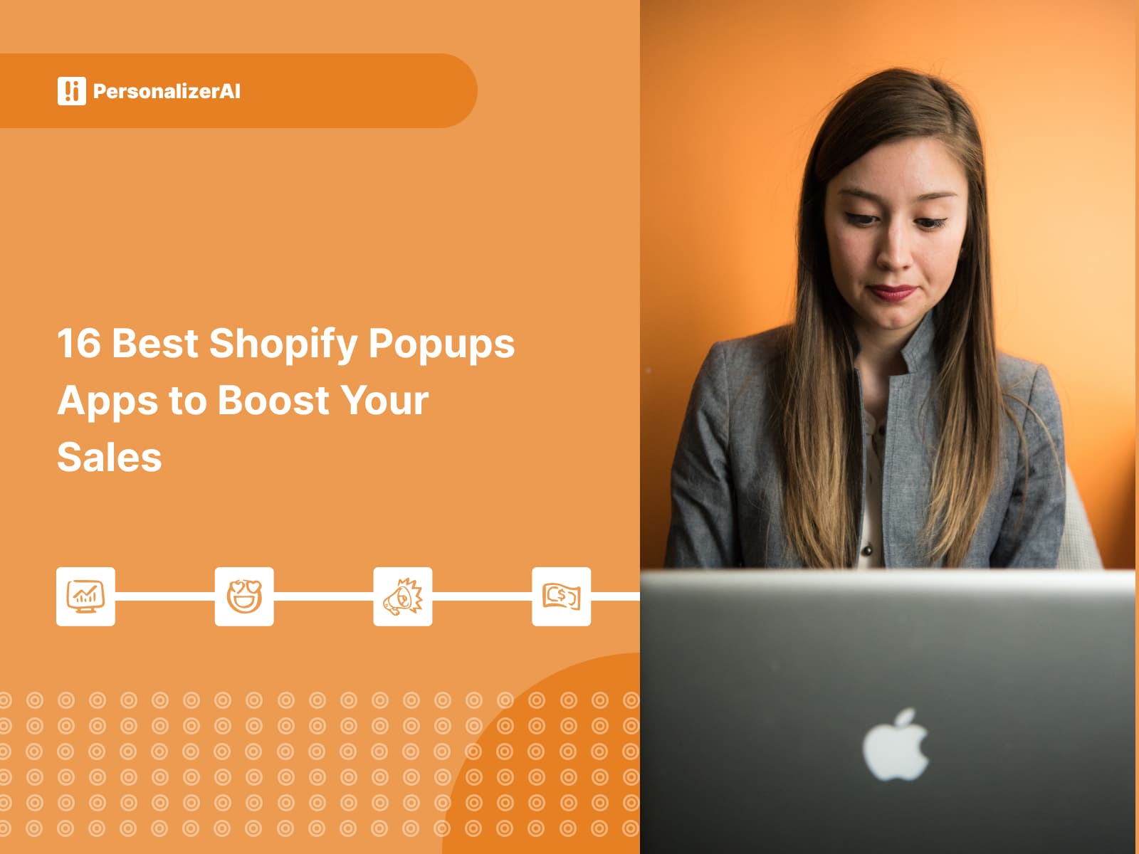 Yellow background with a photo of woman typing on laptop