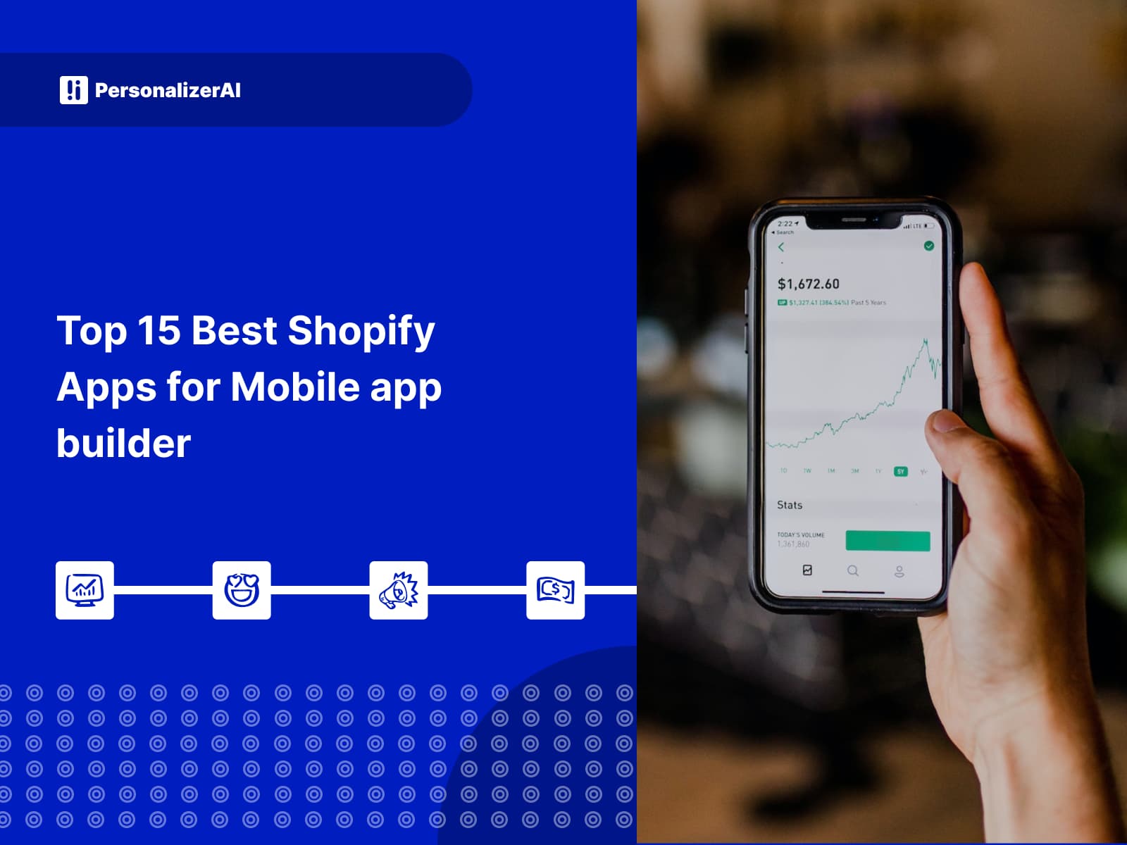 Blue background with text and photo of mobile phone screen