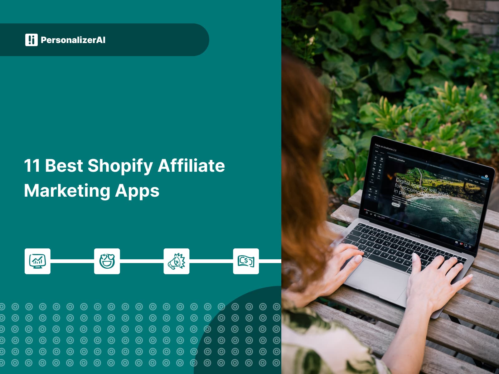 Green background with a text and photo of woman typing on laptop