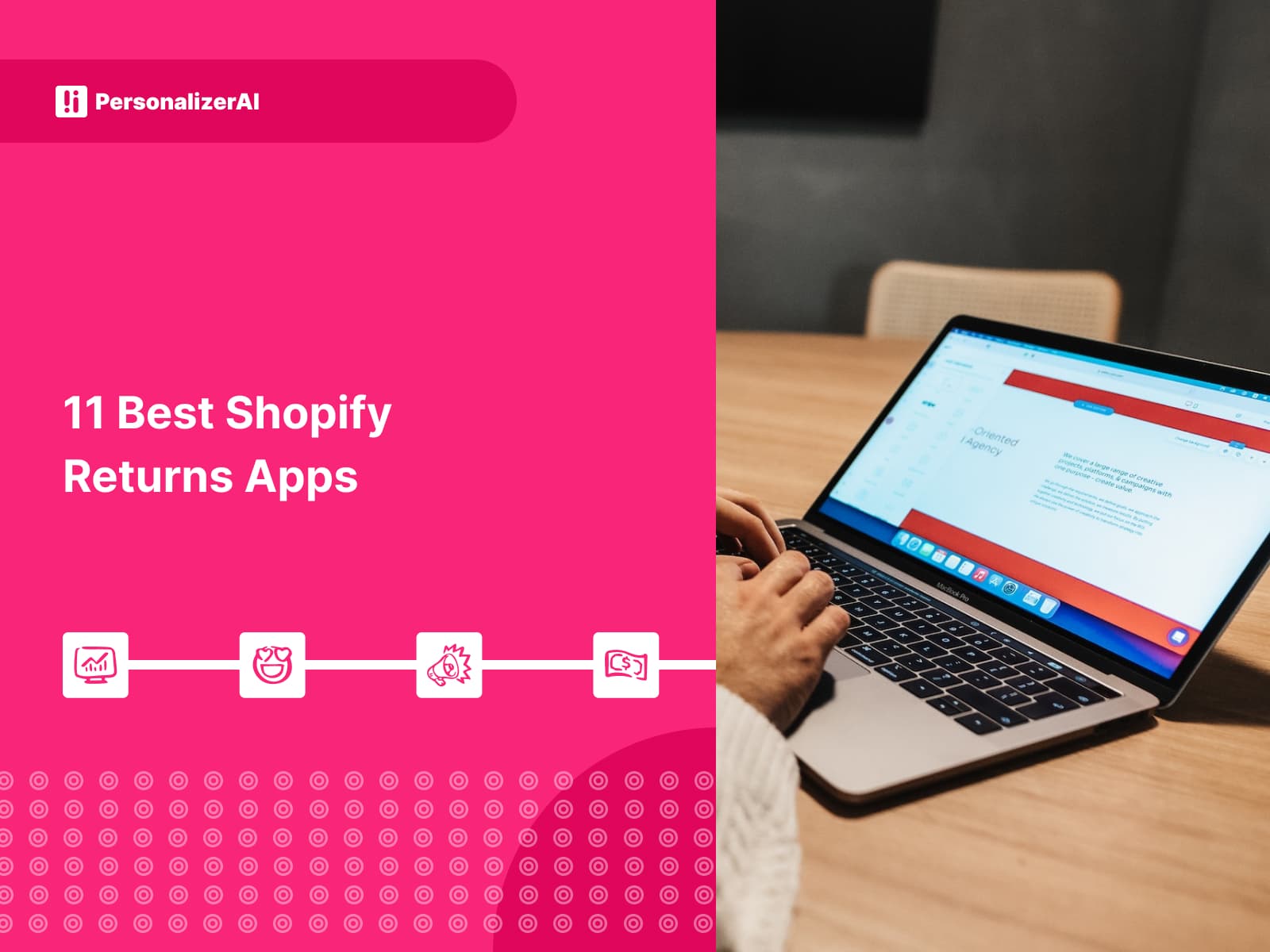 Pink background with text and photo of laptop 