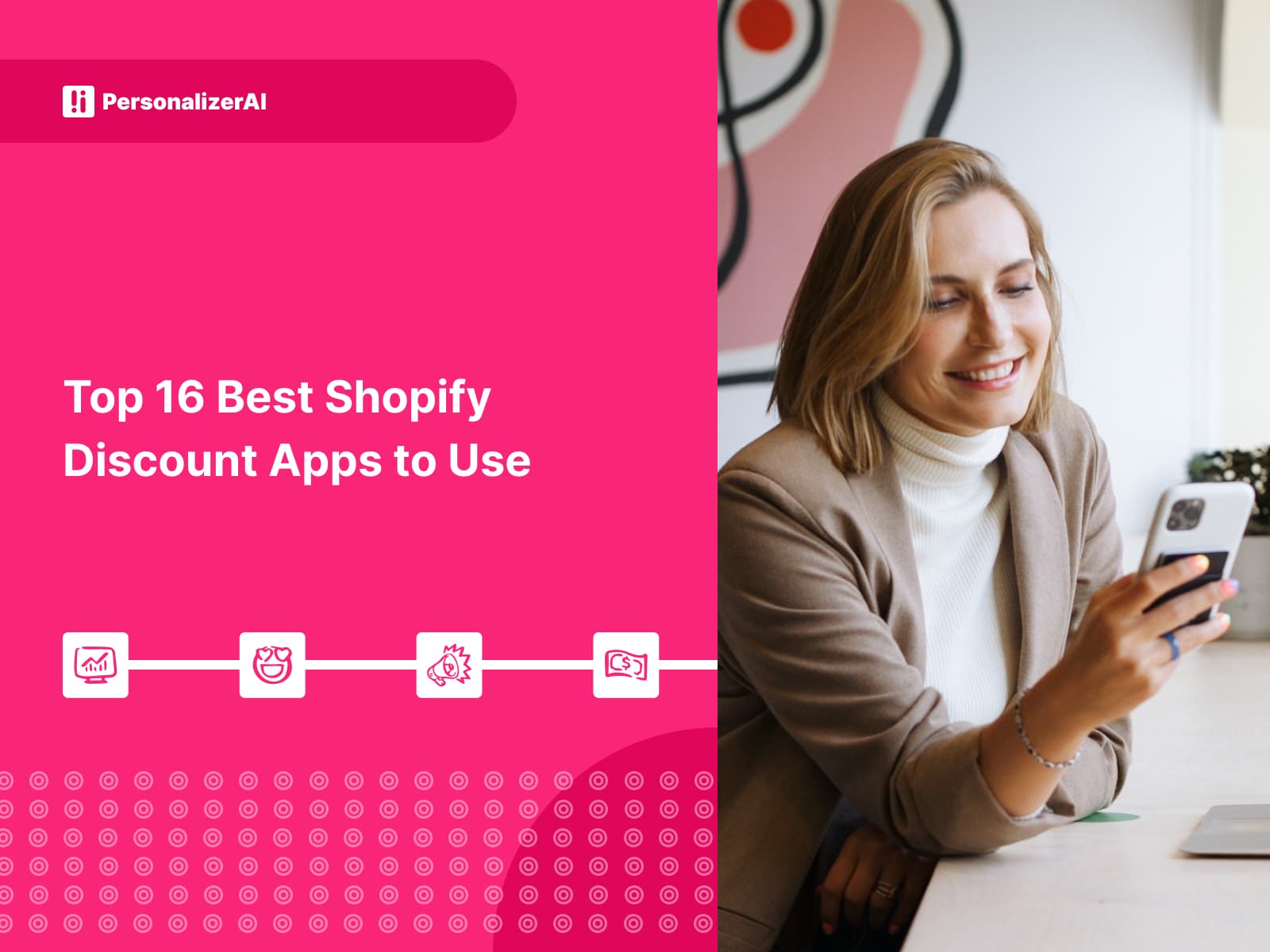 Pink background with a photo of woman using a mobile phone