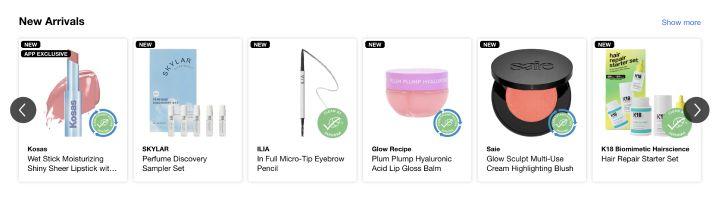 New arrivals product recommendation on Sephora's website