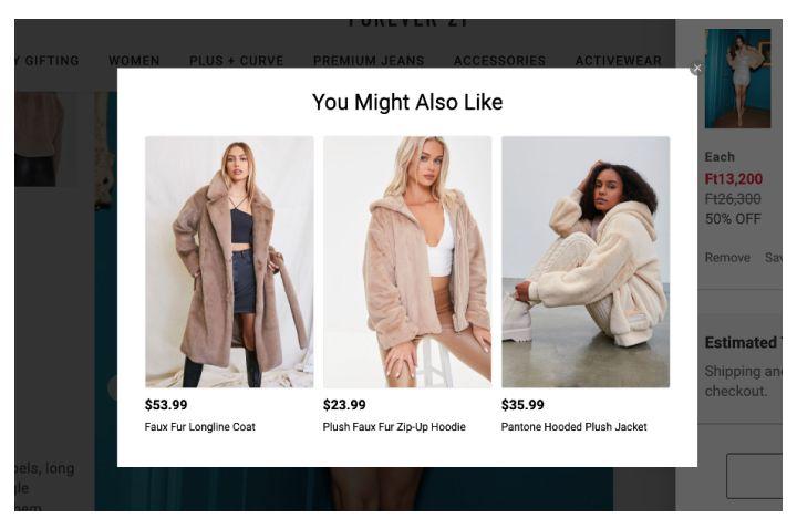 Forever21 offers "You might also like" product recommendations in popup