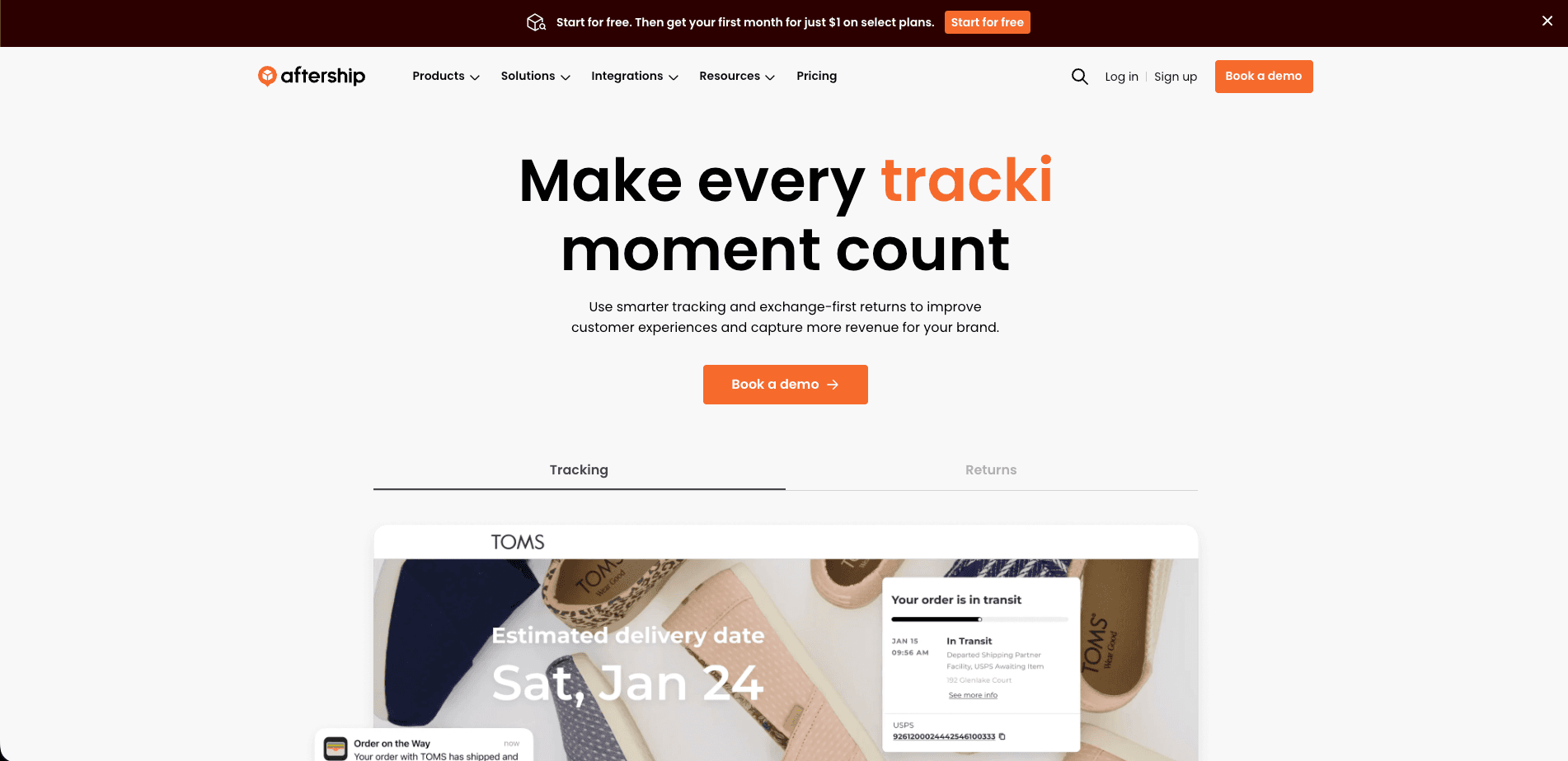 Screenshot of AfterShip Returns & Exchanges homepage