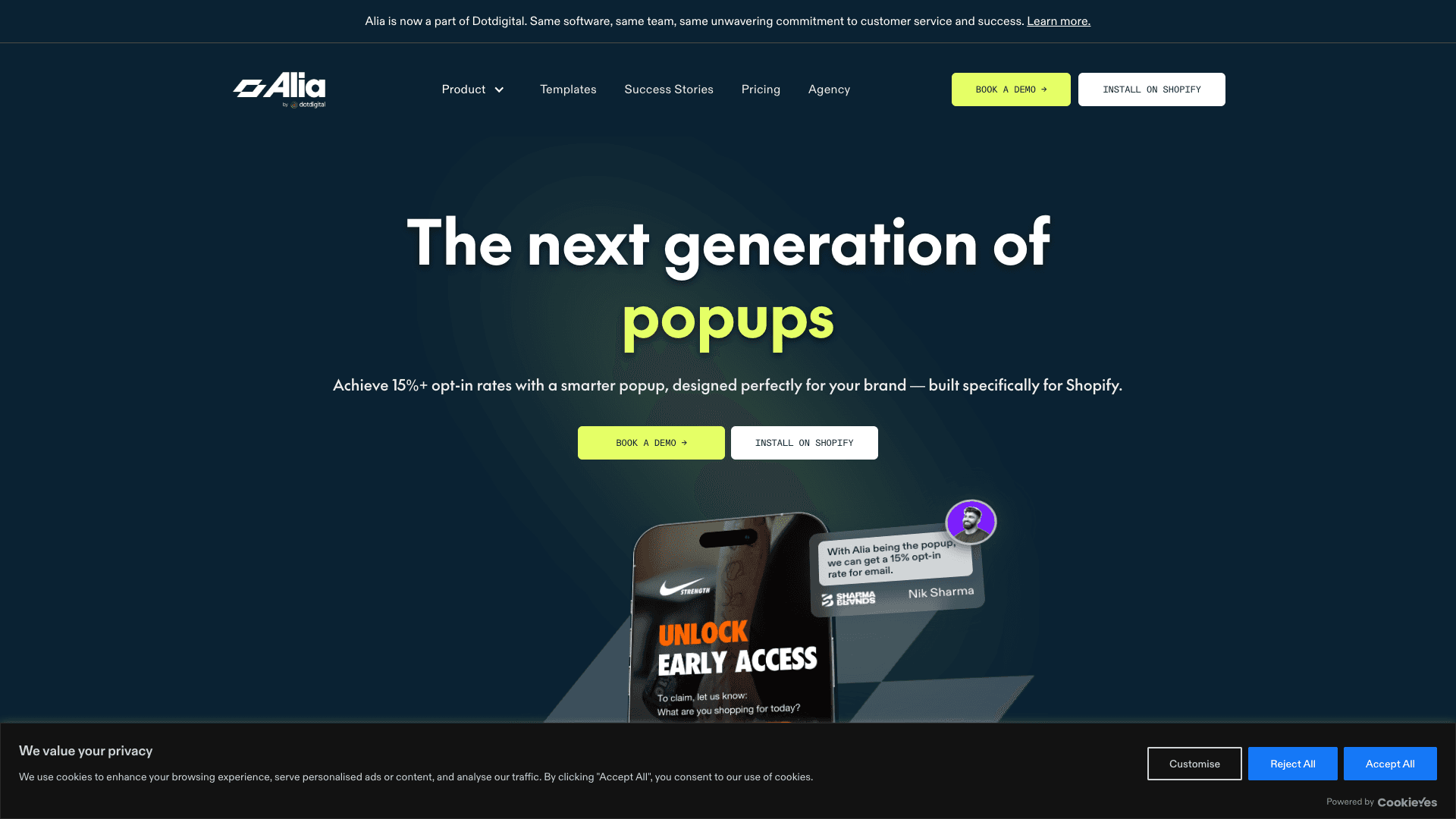 Screenshot of Alia Popups homepage