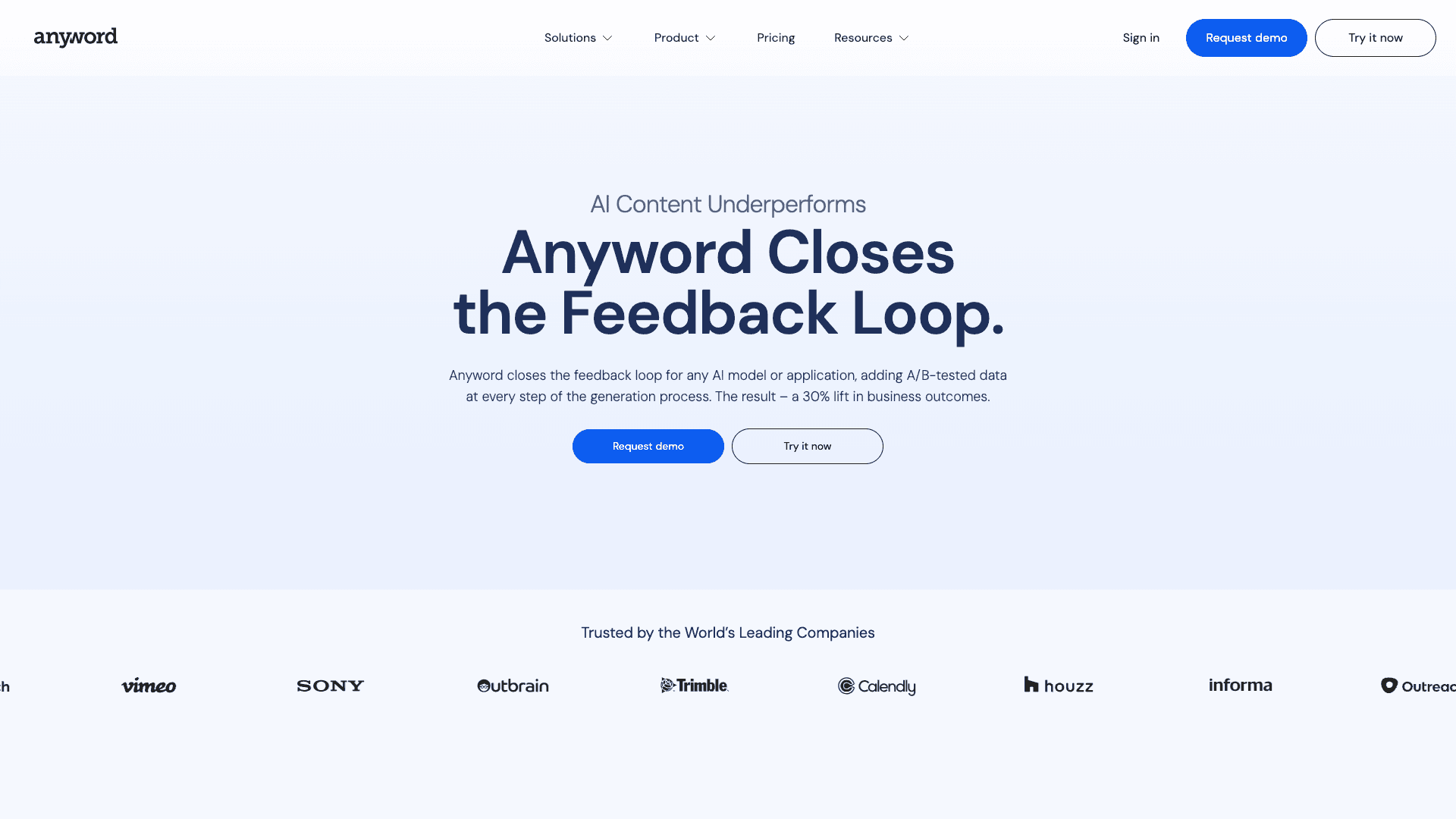 Screenshot of AI Content Underperforms. Anyword Closes the Feedback Loop. interface