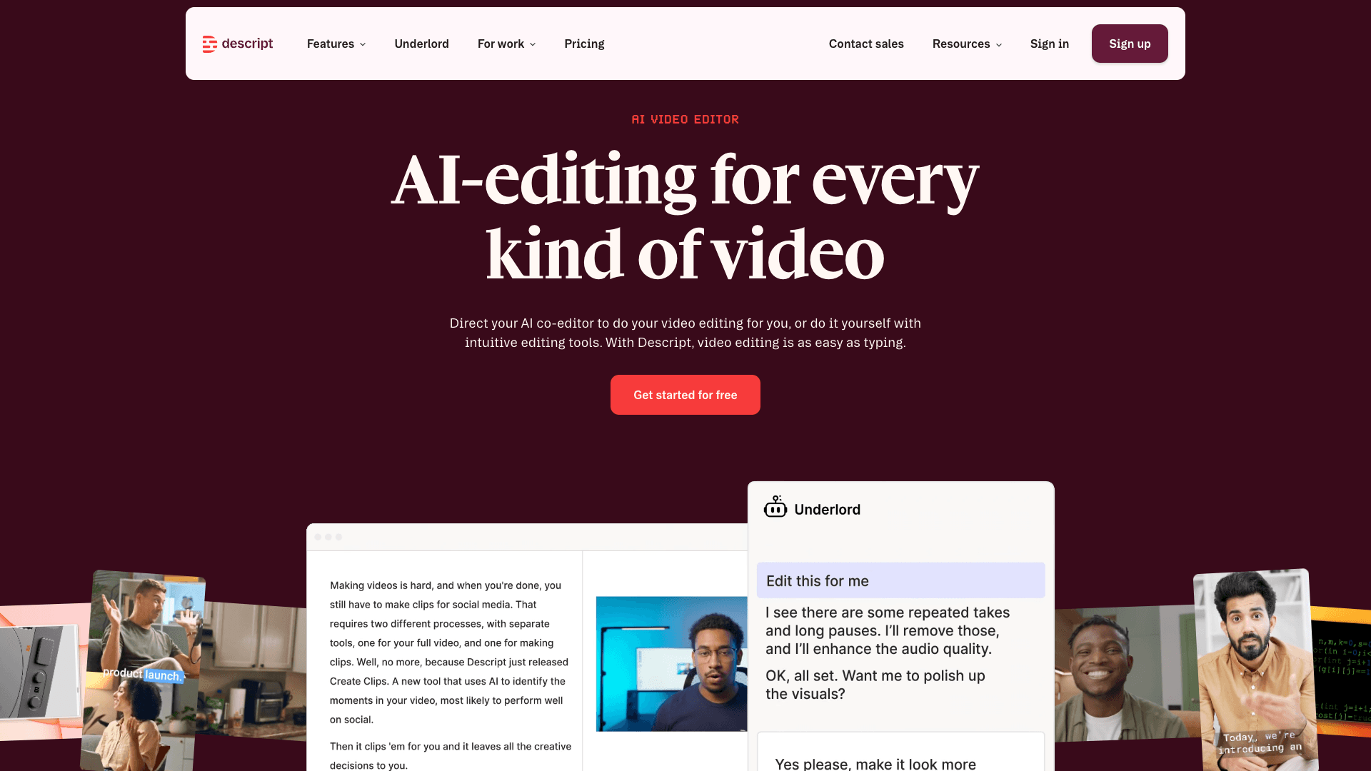 Screenshot of Descript – AI Video & Podcast Editor | Free, Online interface