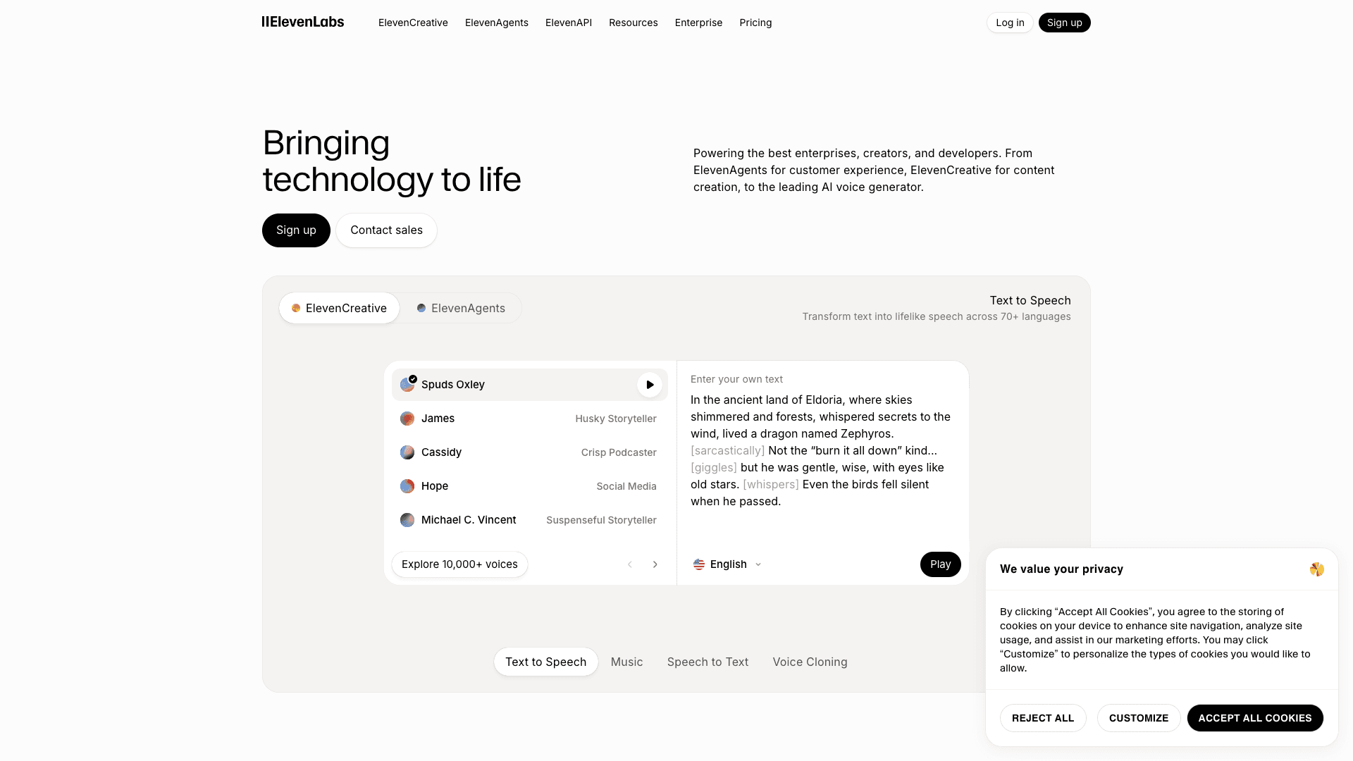 Screenshot of Free AI Voice Generator & Voice Agents Platform | ElevenLabs interface