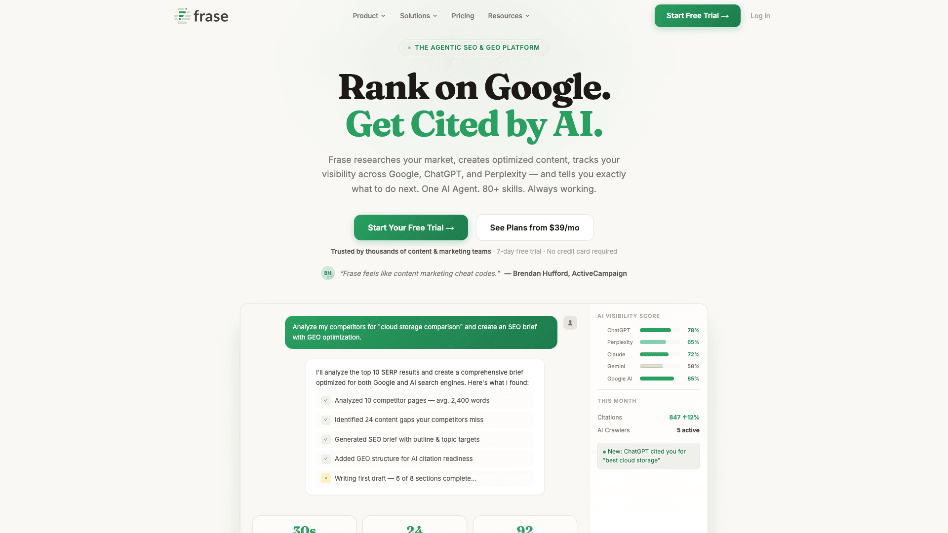 Screenshot of Frase — The Agentic SEO & GEO Platform | Rank on Google. ... interface