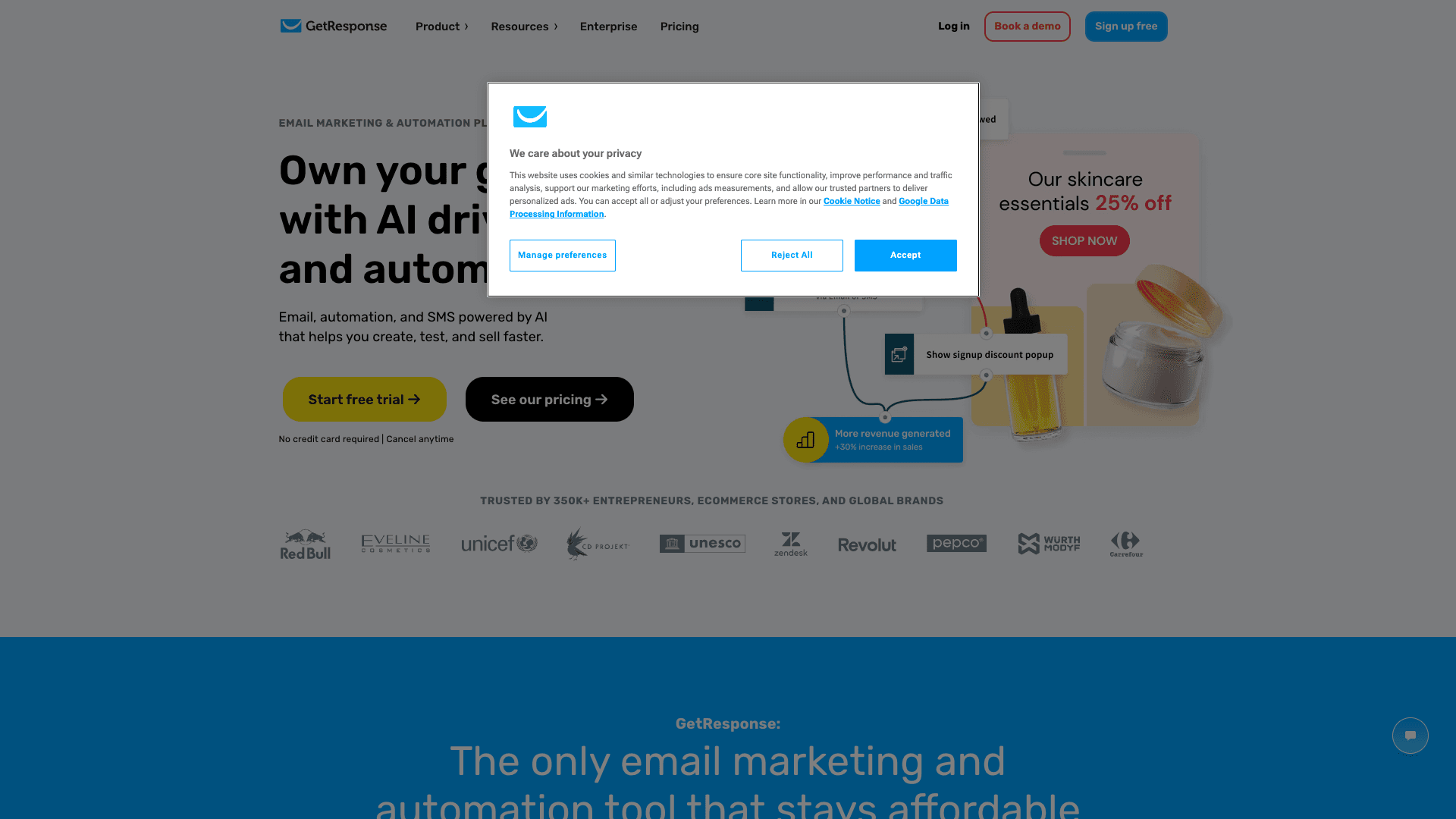 Screenshot of GetResponse homepage