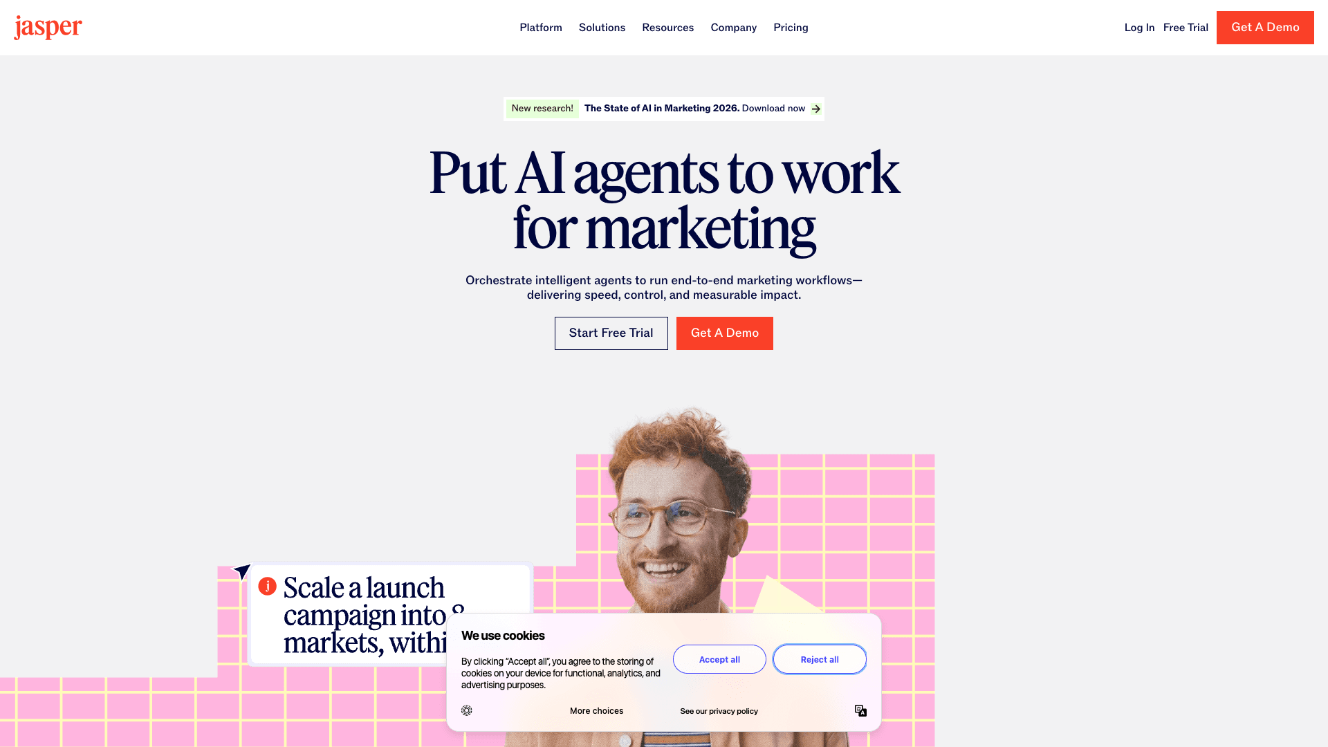 Screenshot of Put AI agents to work for marketing | Jasper interface