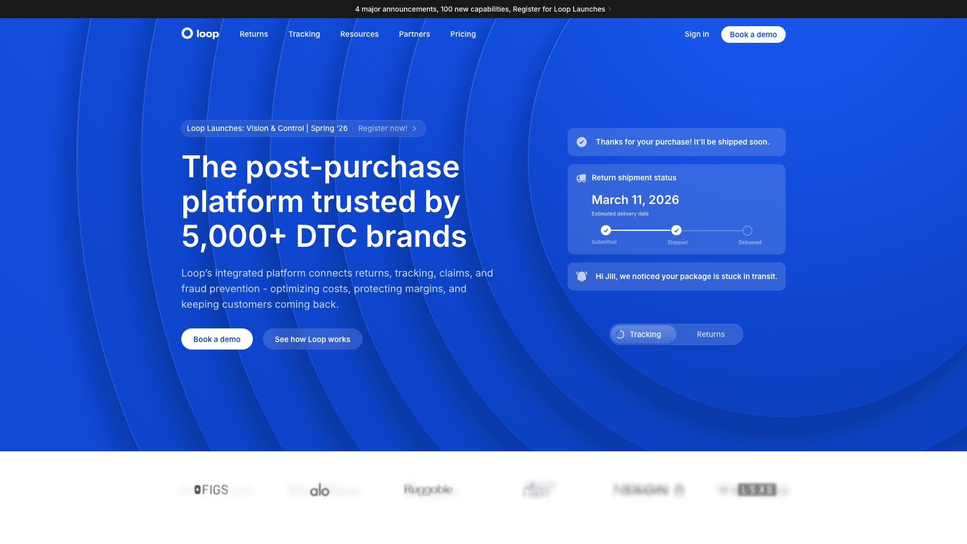 Screenshot of Loop Returns & Exchanges homepage