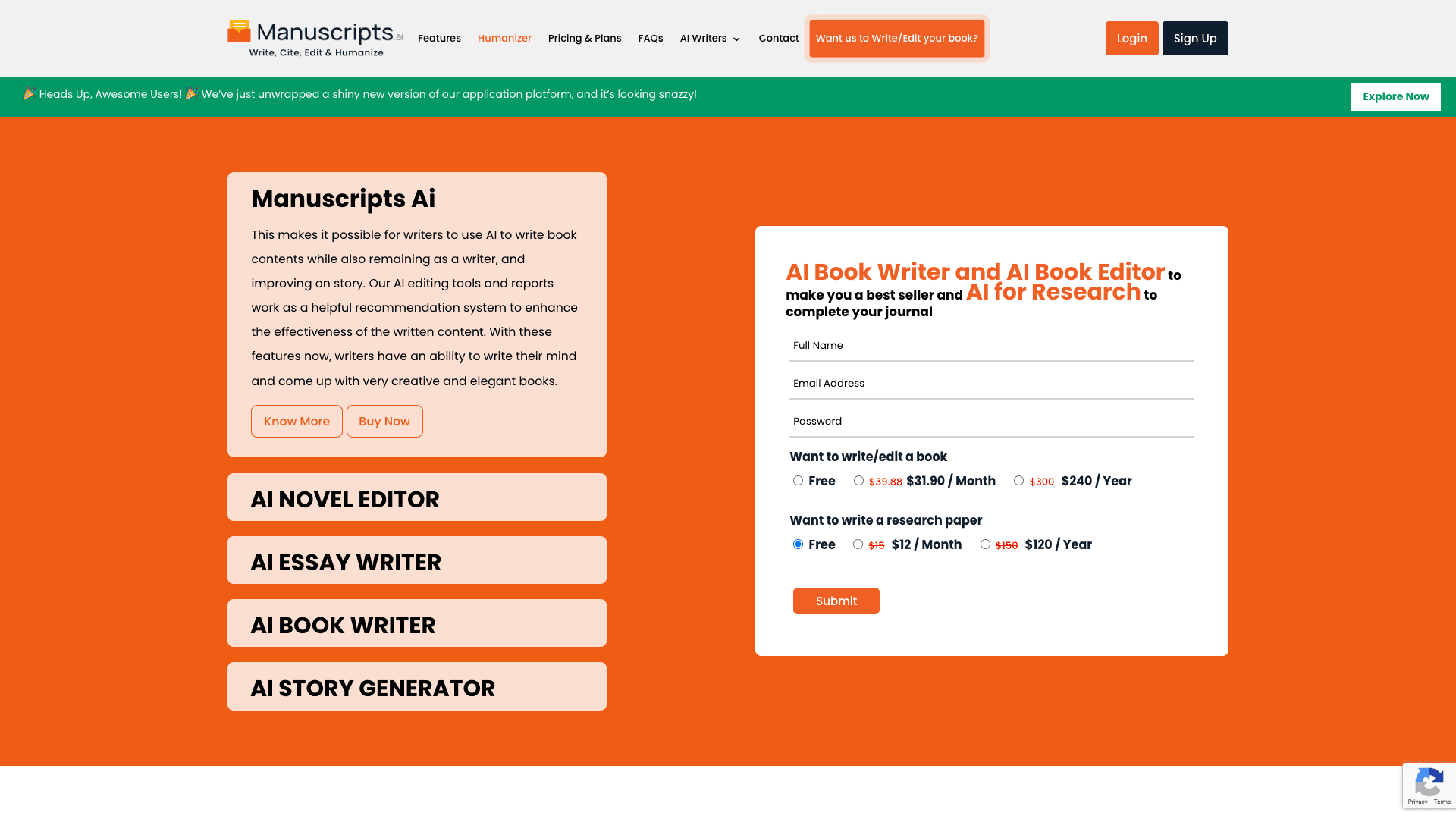 Screenshot of Manuscripts.ai |Ai Book Writer & Ai book editor interface