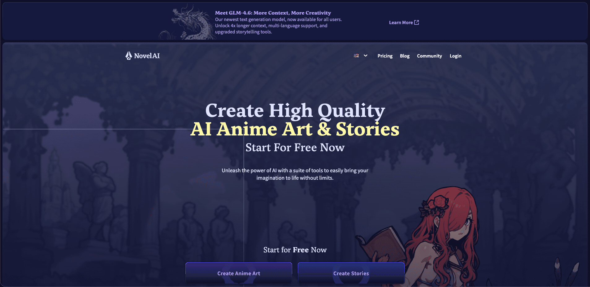 Screenshot of NovelAI - AI Anime Image Generator & Storyteller interface