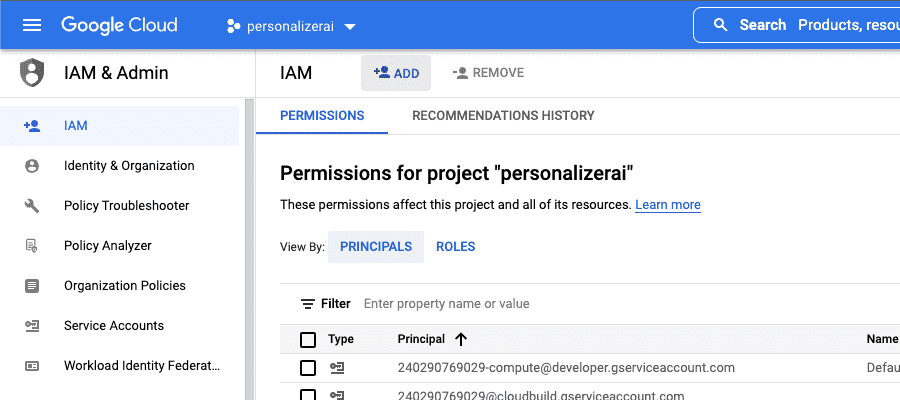 permissions for gcp project