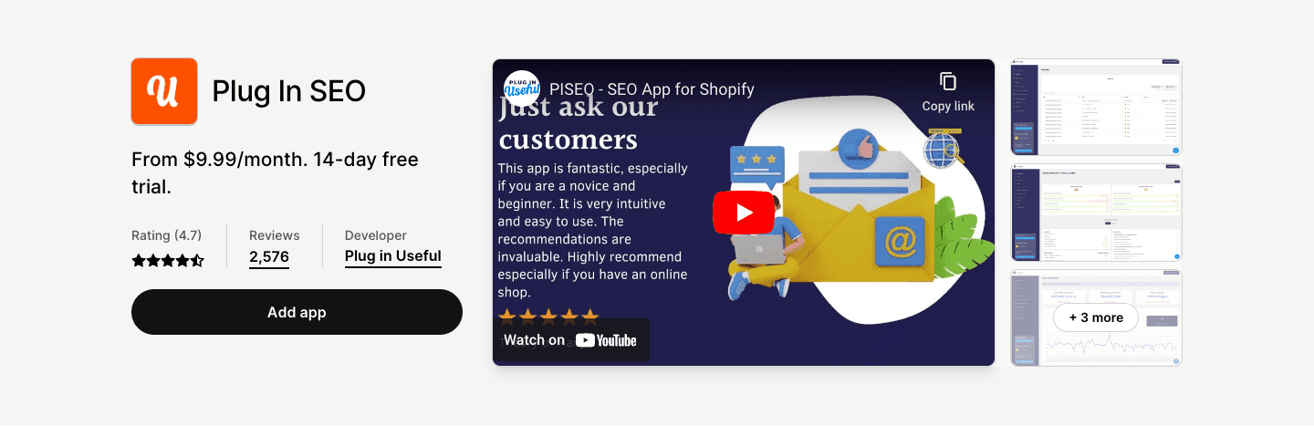 Plugin SEO is an app for store owners to increase their traffic and sales through SEO optimization.