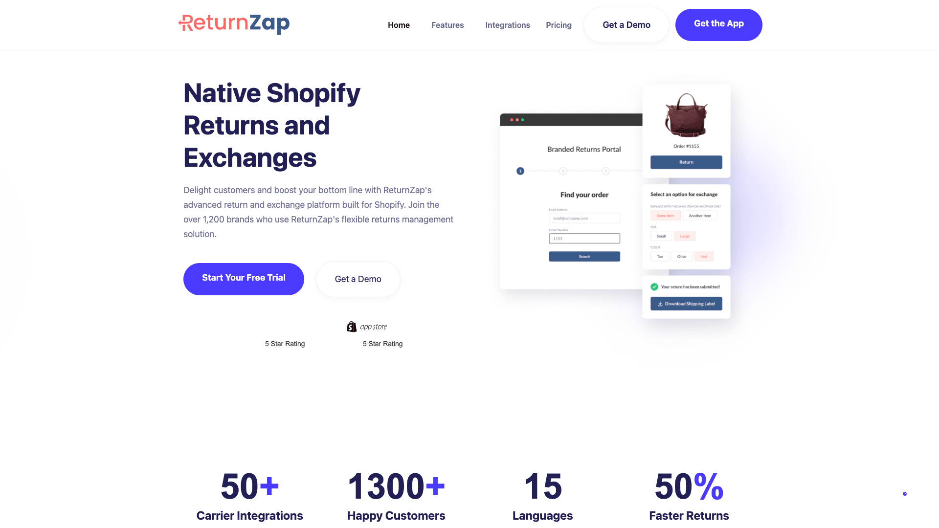 Screenshot of ReturnZap homepage