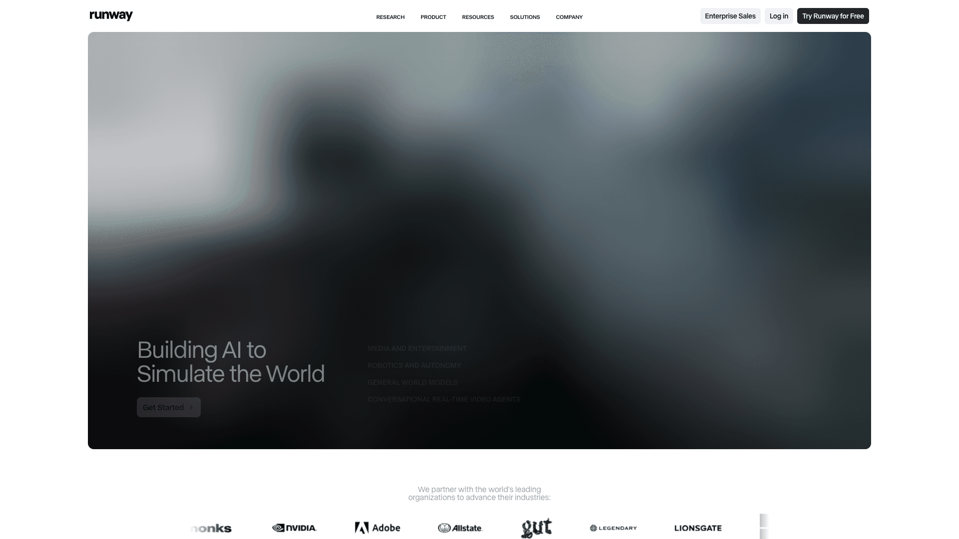 Screenshot of Runway | Building AI to Simulate the World interface