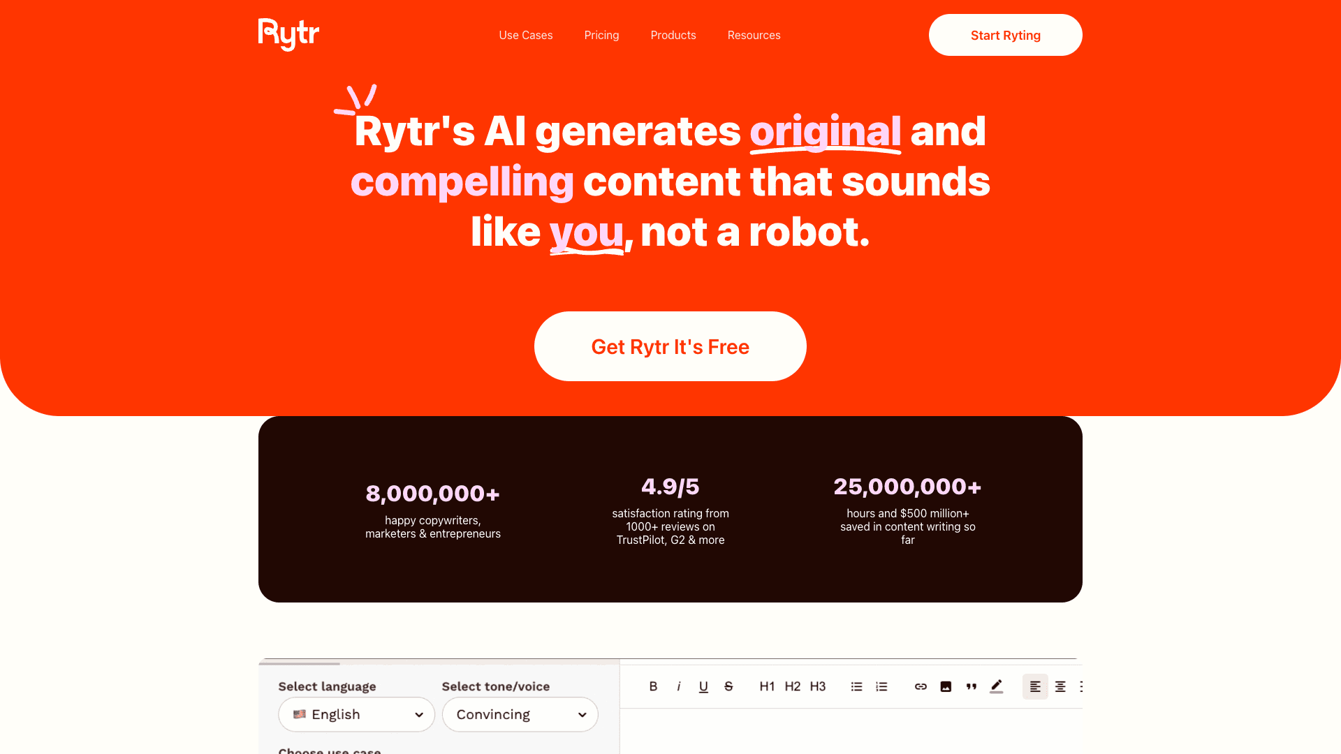 Screenshot of Free AI Writer, Content Generator & Writing Assistant | Rytr interface