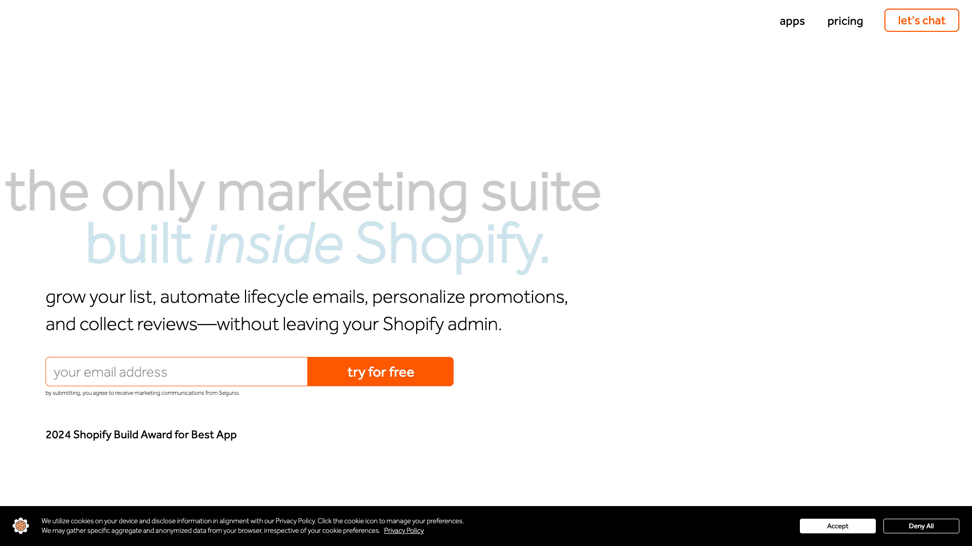 Screenshot of Seguno homepage