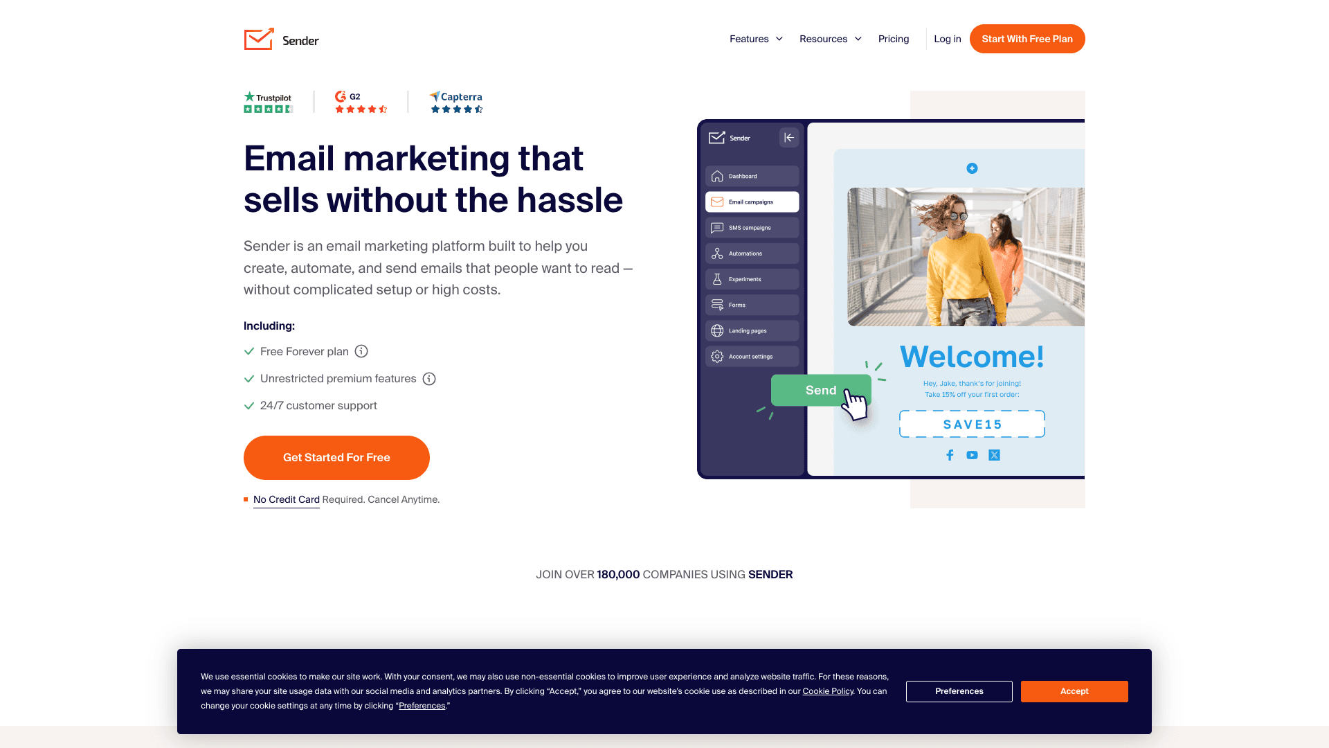 Screenshot of Sender homepage