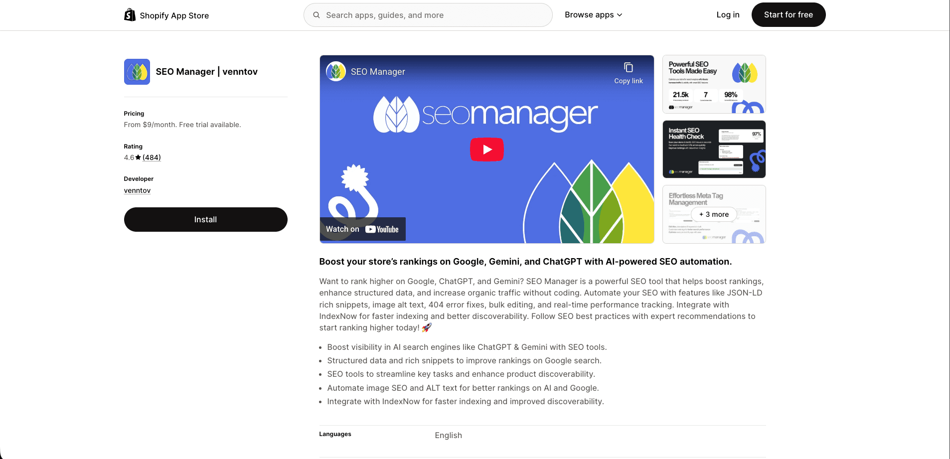 Screenshot of SEO Manager Shopify app