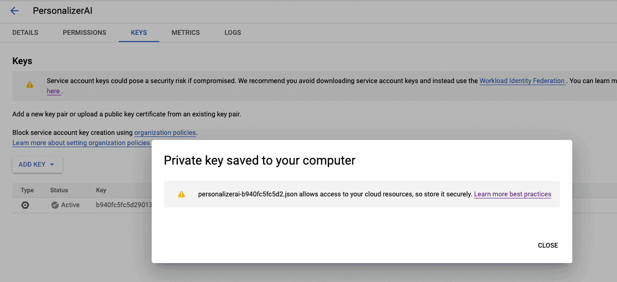download your service account key