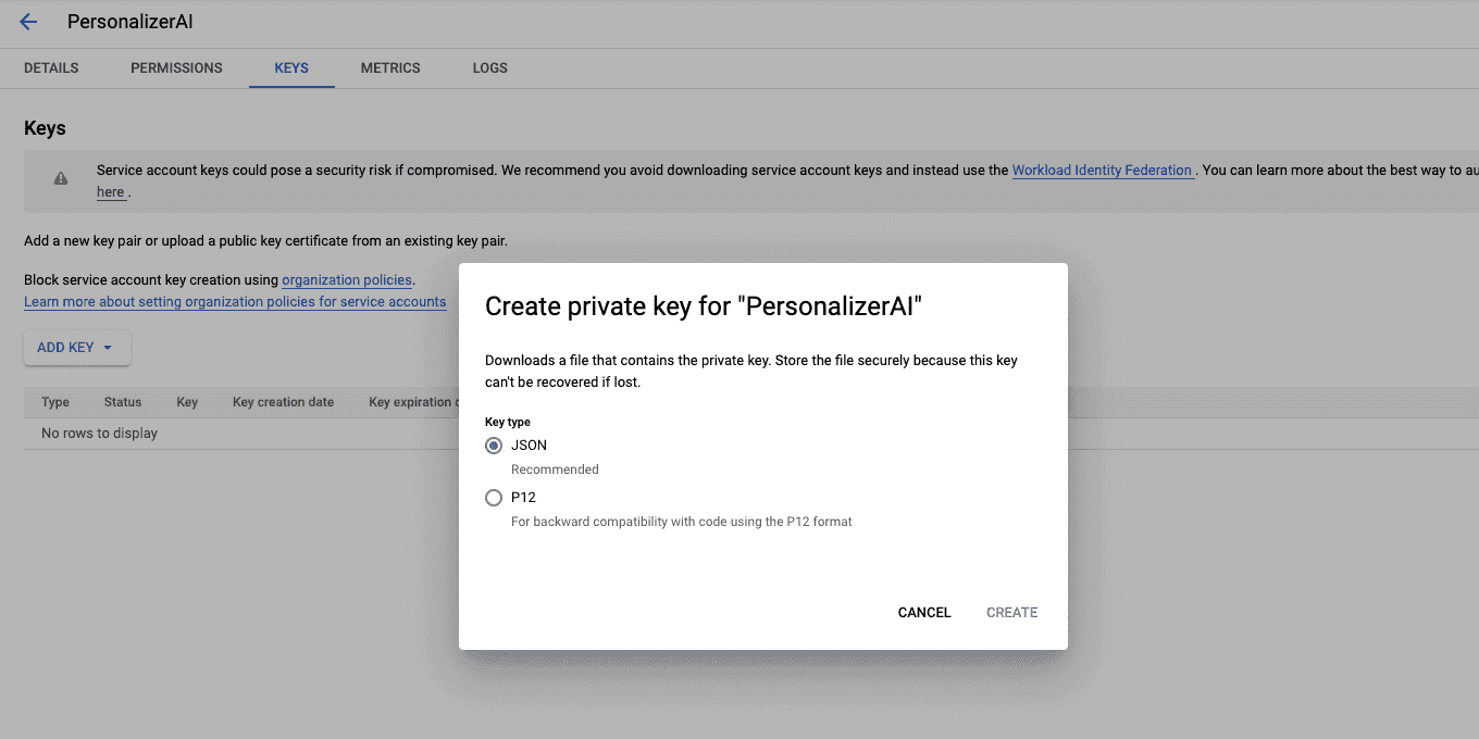 use json for service account private key