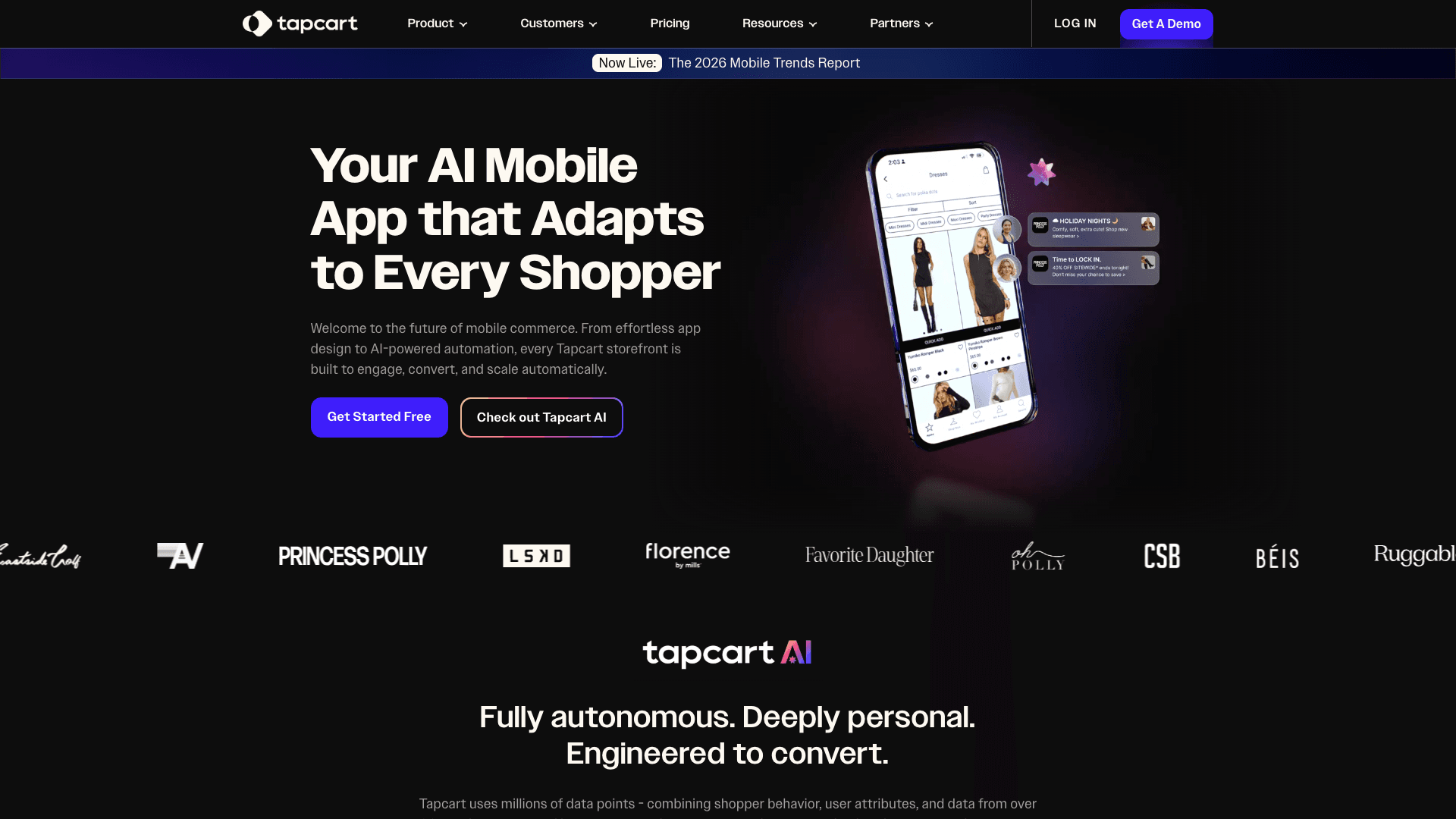 Screenshot of Tapcart homepage