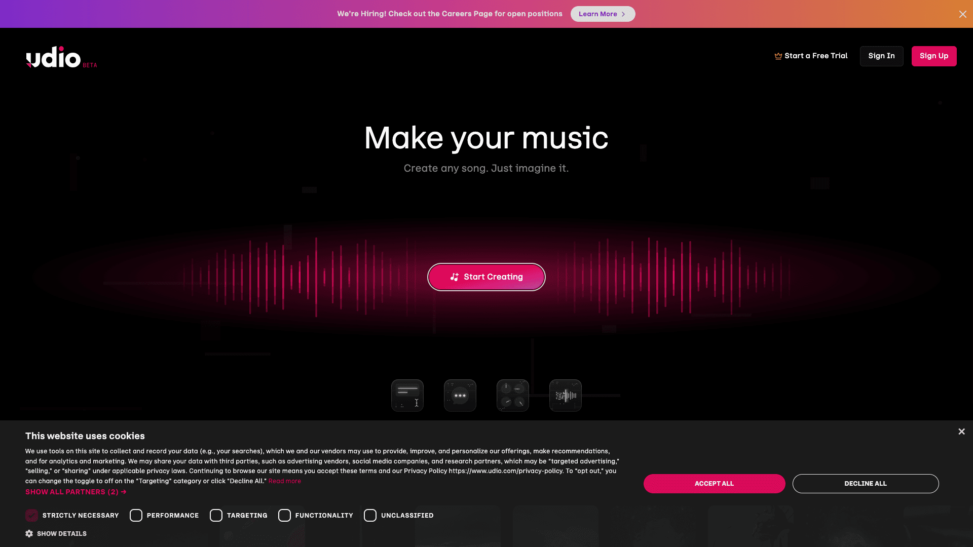 Screenshot of Udio | AI Music Generator - Official Website interface
