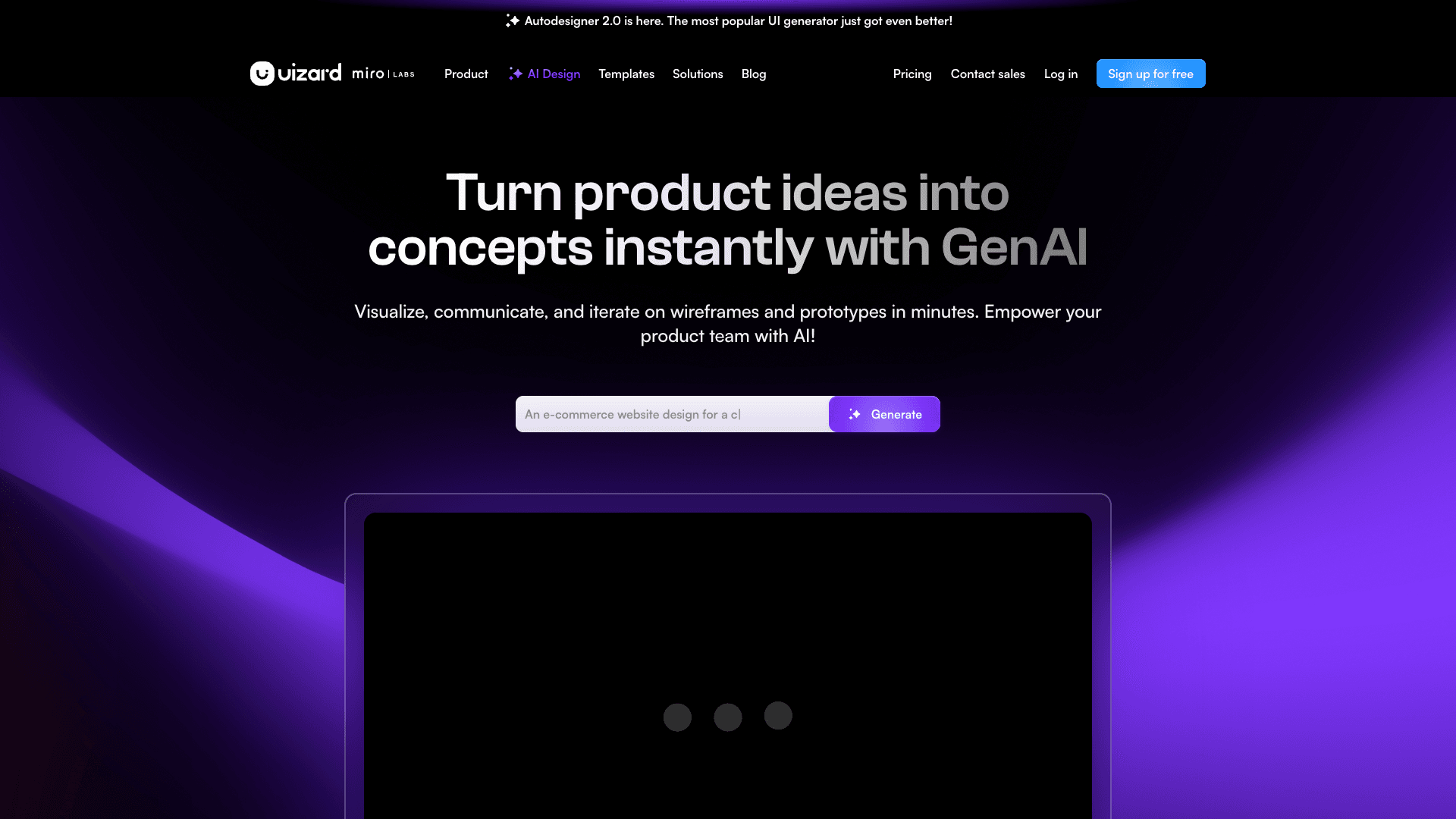 Screenshot of UI Design Made Easy, Powered By AI | Uizard interface
