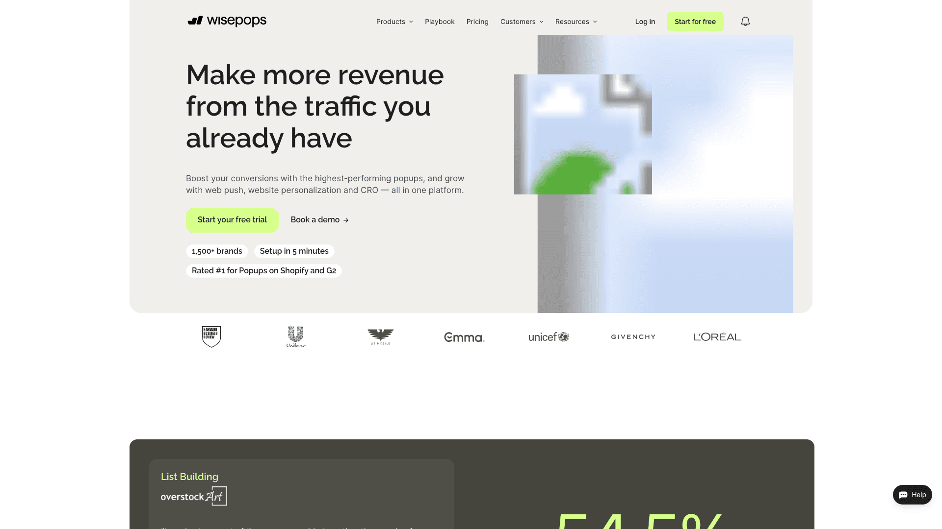 Screenshot of Wisepops homepage