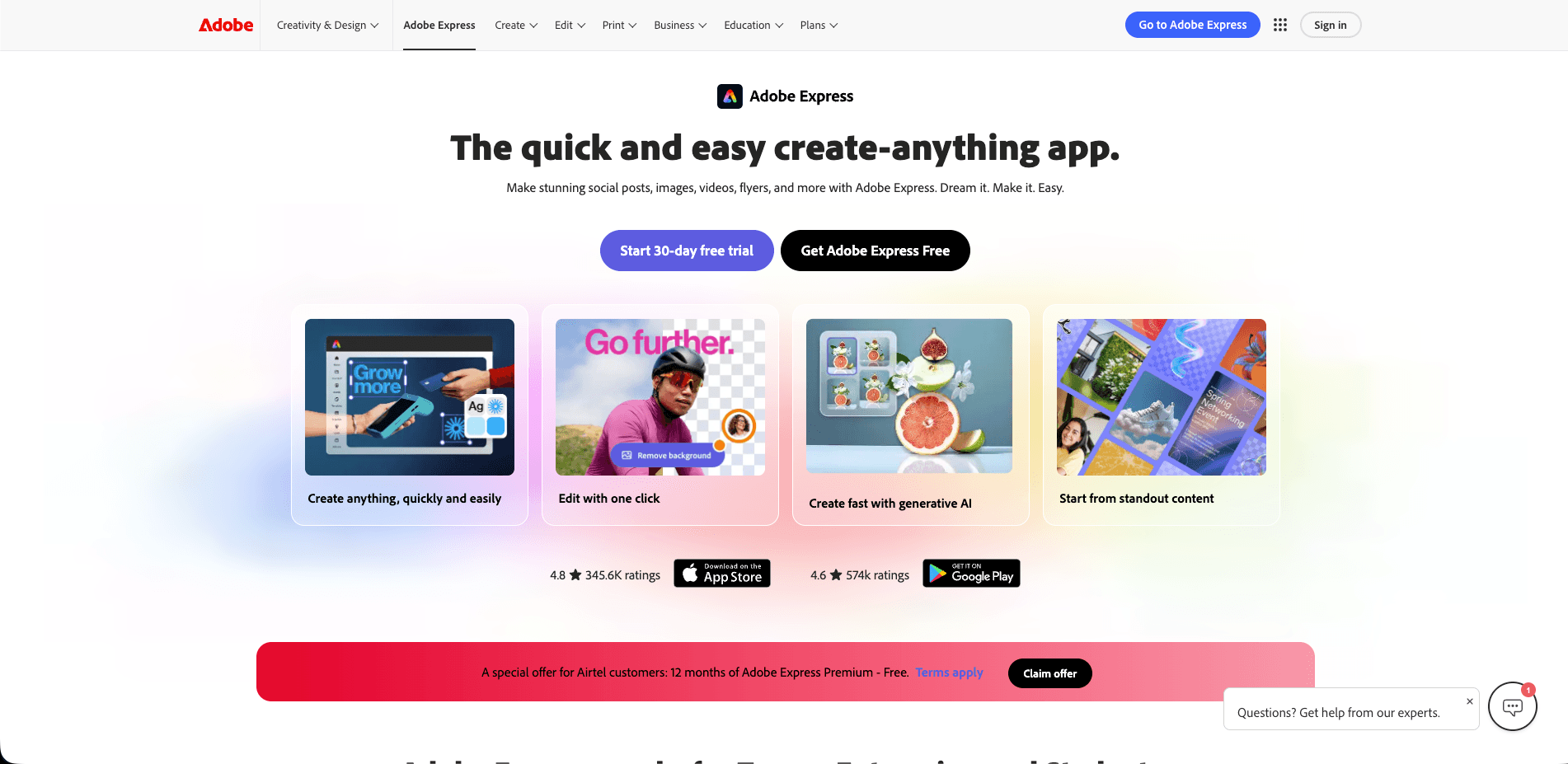 Screenshot of adobe express homepage