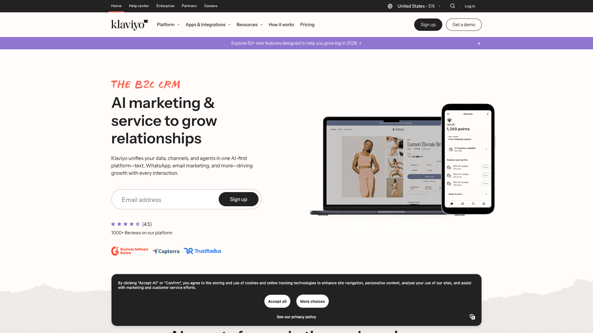 Screenshot of Klaviyo homepage