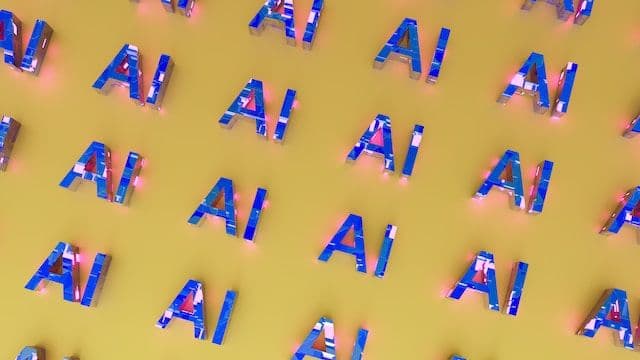 Blue AI text written multiple times on a yellow background