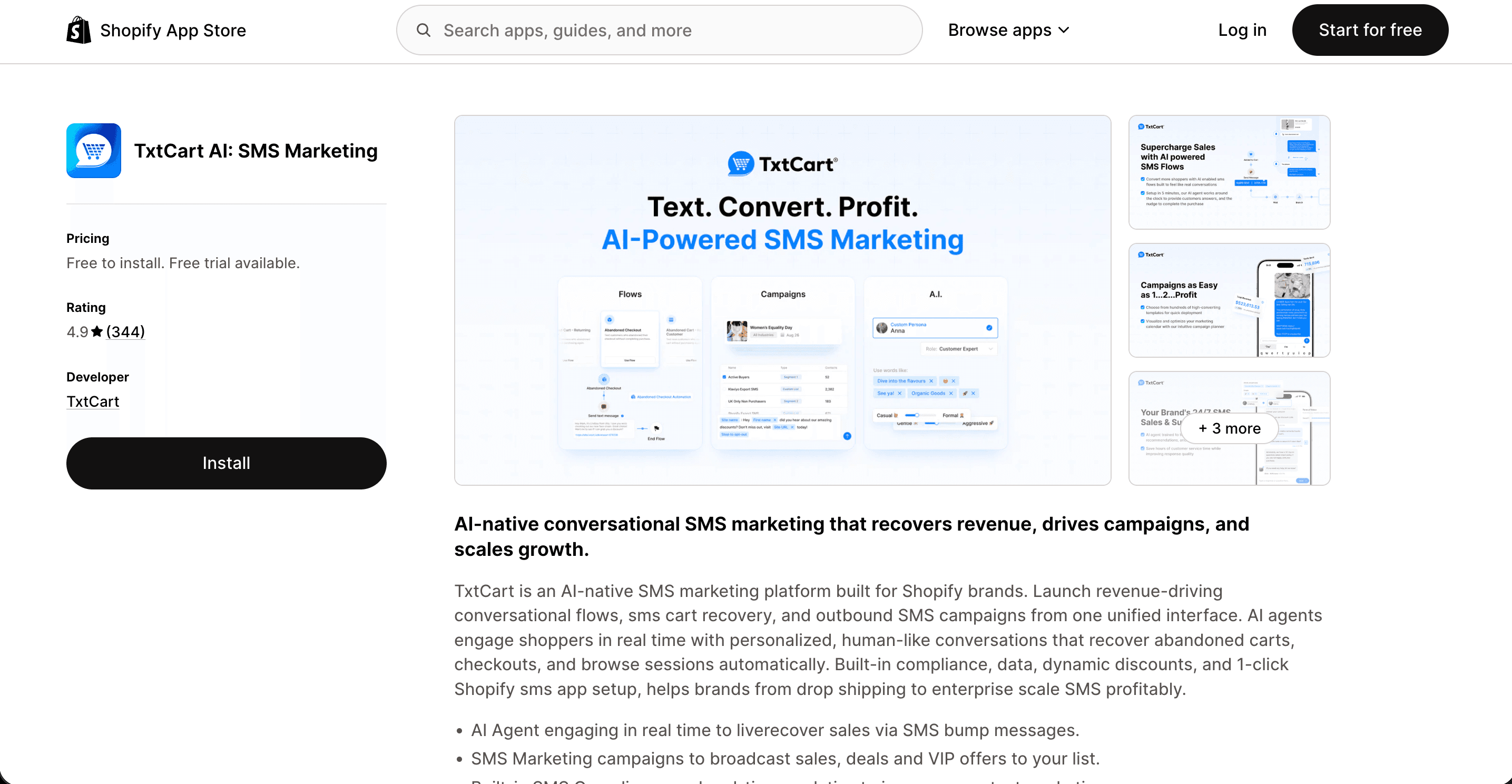 Screenshot of TxtCart homepage