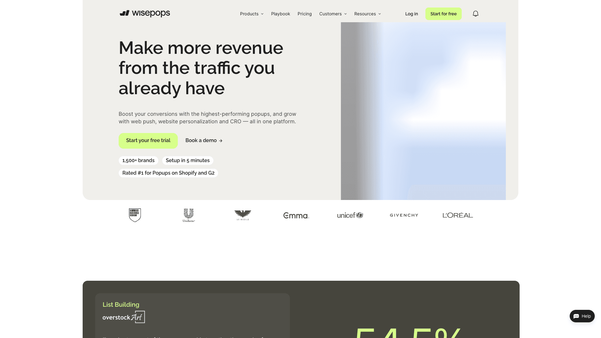 Screenshot of Wisepops homepage